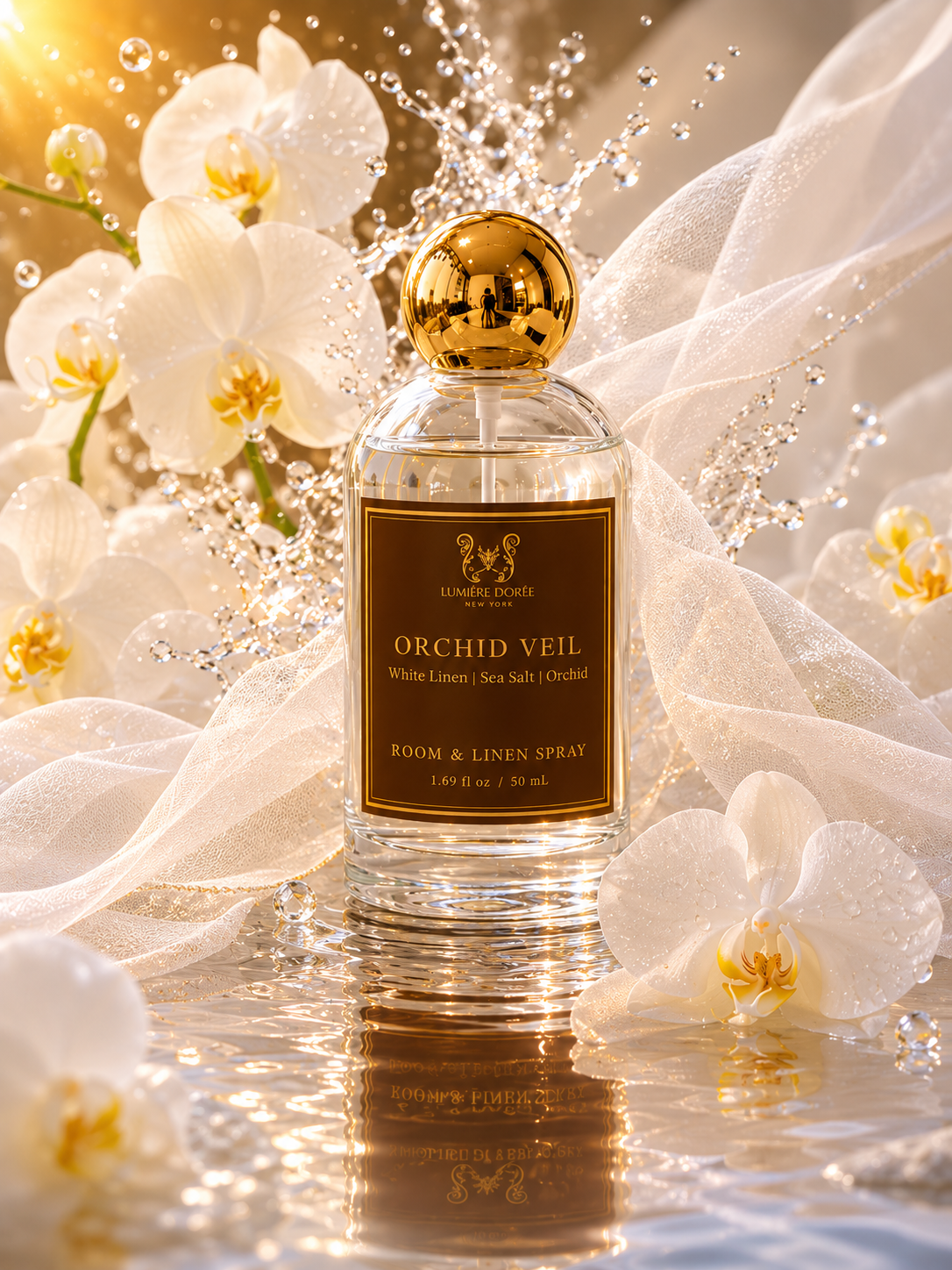 LUMIÈRE DORÉE luxury linen spray bottle for home fragrance mist, elegant design and fine scent for freshening rooms and linens.