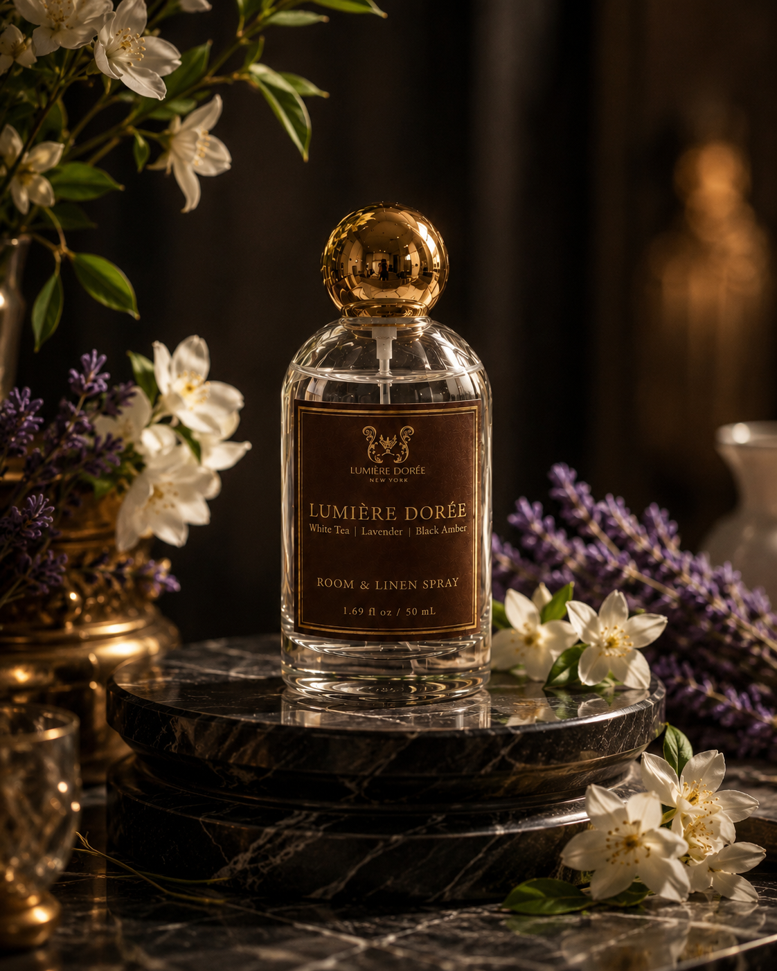 LUMIÈRE DORÉE luxury home fragrance linen spray bottle with elegant label and cap, designed for freshening linens and home spaces.