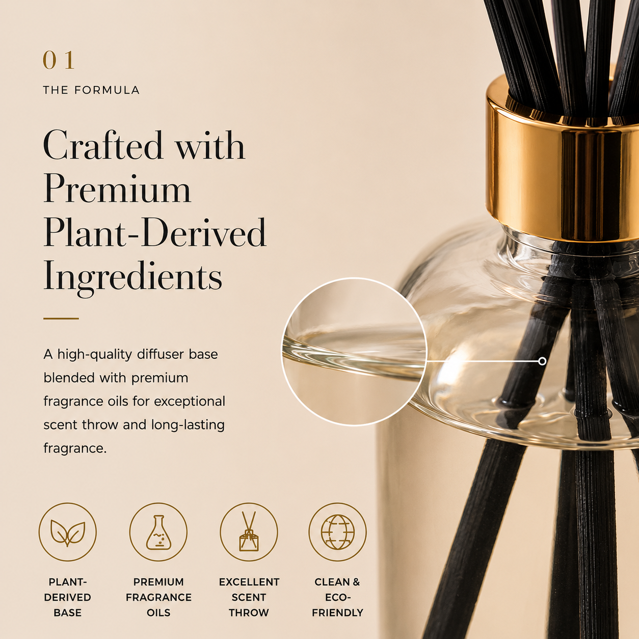LUMIÈRE DORÉE Signature Reed Diffuser for home fragrance with elegant glass bottle and natural reed sticks.