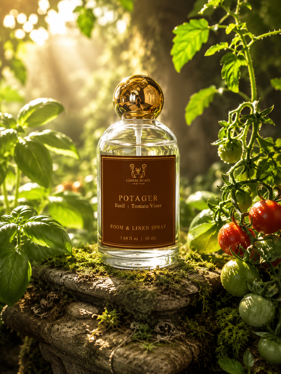 LUMIÈRE DORÉE luxury linen spray bottle with elegant design, fine home fragrance mist for freshening linens and rooms.