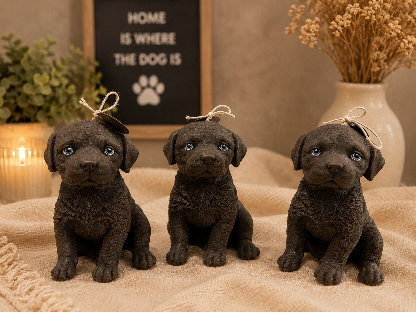 Labrador puppy candle from Lumière Dorée featuring a cozy, detailed Labrador puppy design for home decor.