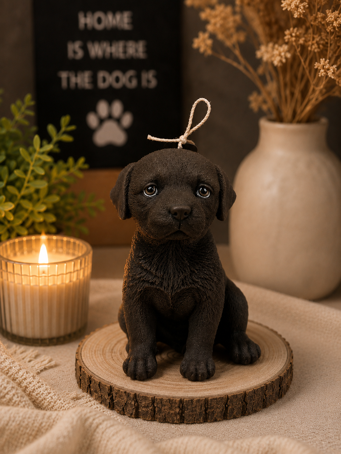 Labrador puppy candle by Lumière Dorée, featuring a cute lab puppy design, perfect for cozy home decor.