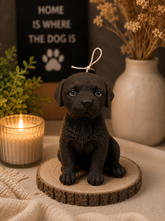 Labrador puppy candle by Lumière Dorée, featuring a cute lab puppy design, perfect for cozy home decor.