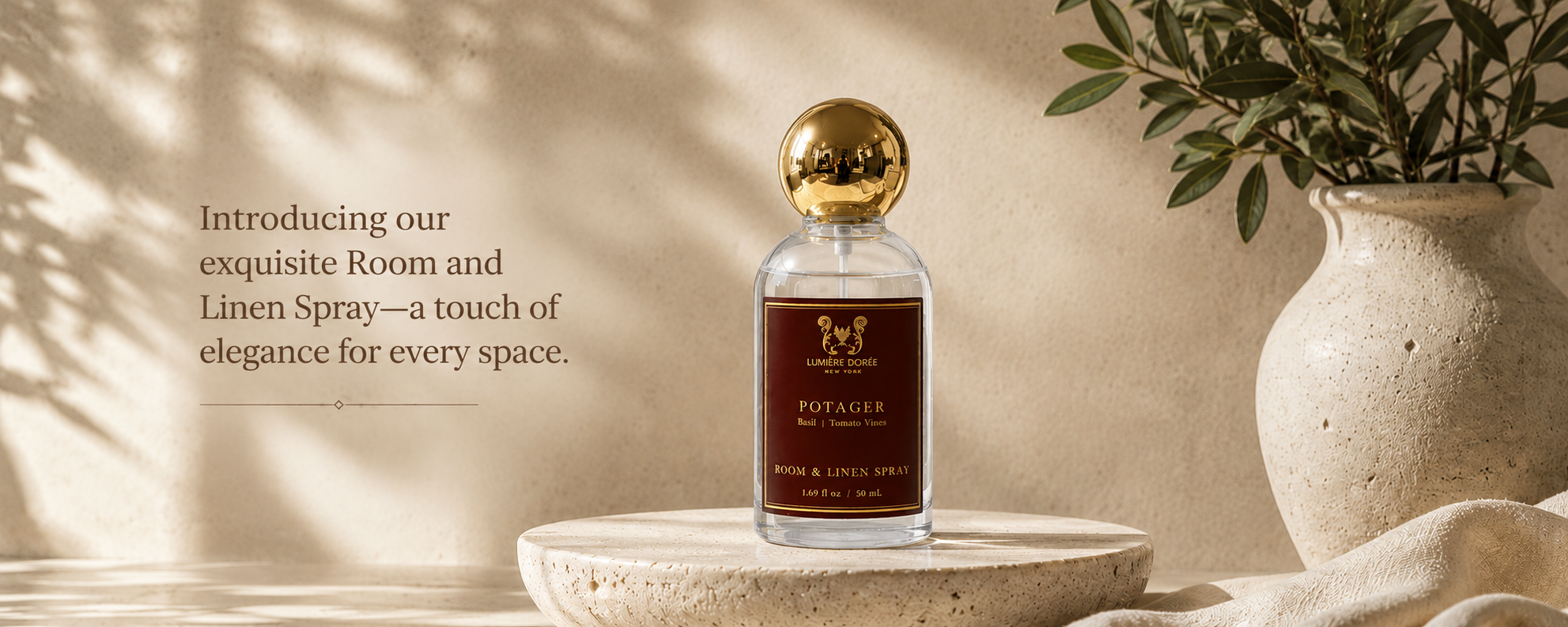 Room and Linen Spray bottle on a stone surface with text and decorative elements.