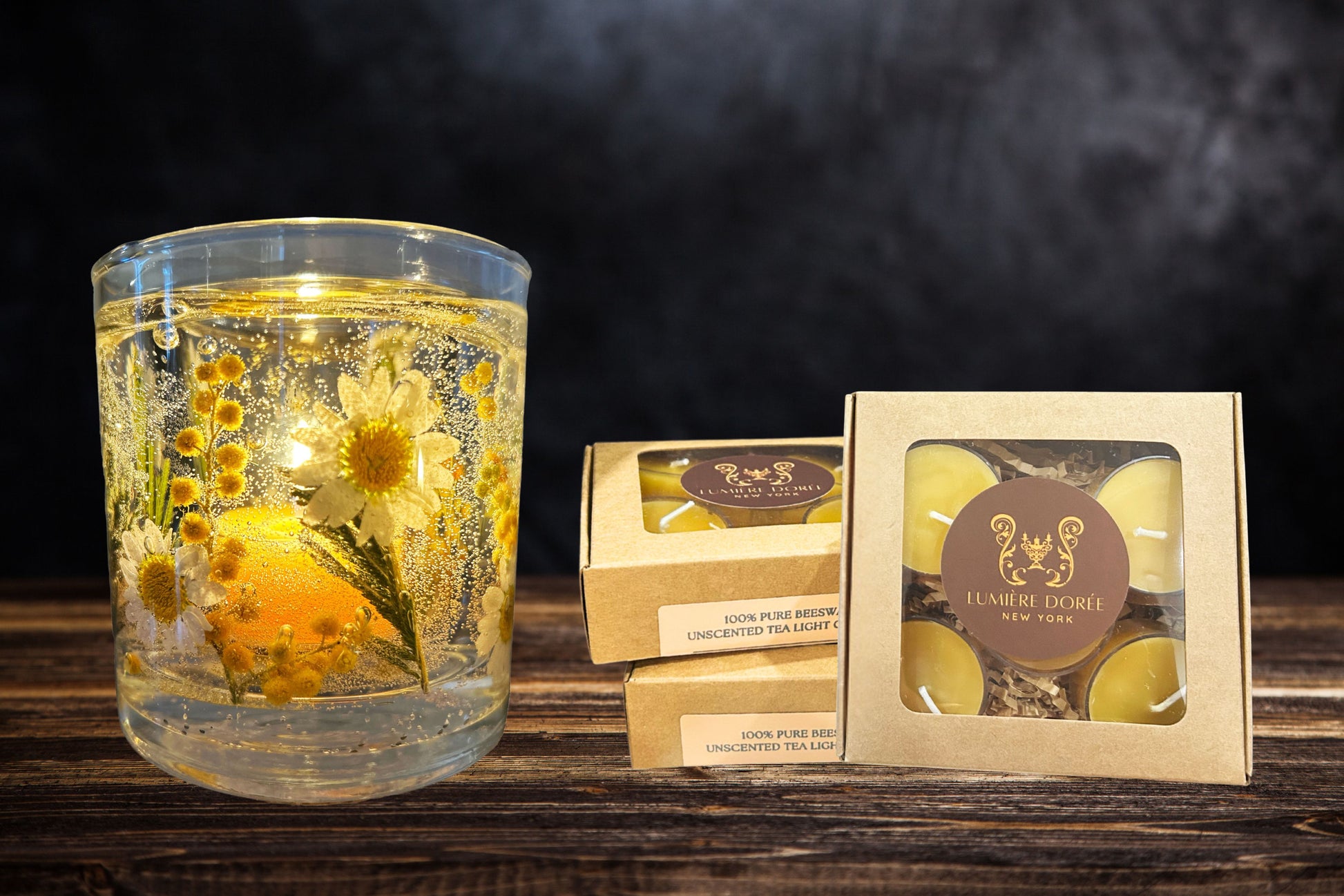 Mimosa Tea Light Holder + Beeswax Tea Lights (1 set) - LUMIÈRE DORÉE