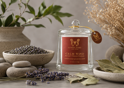 Lumière Dorée Signature Cloche Candle in a glass container with bay leaves and tobacco scent, elegant home fragrance.